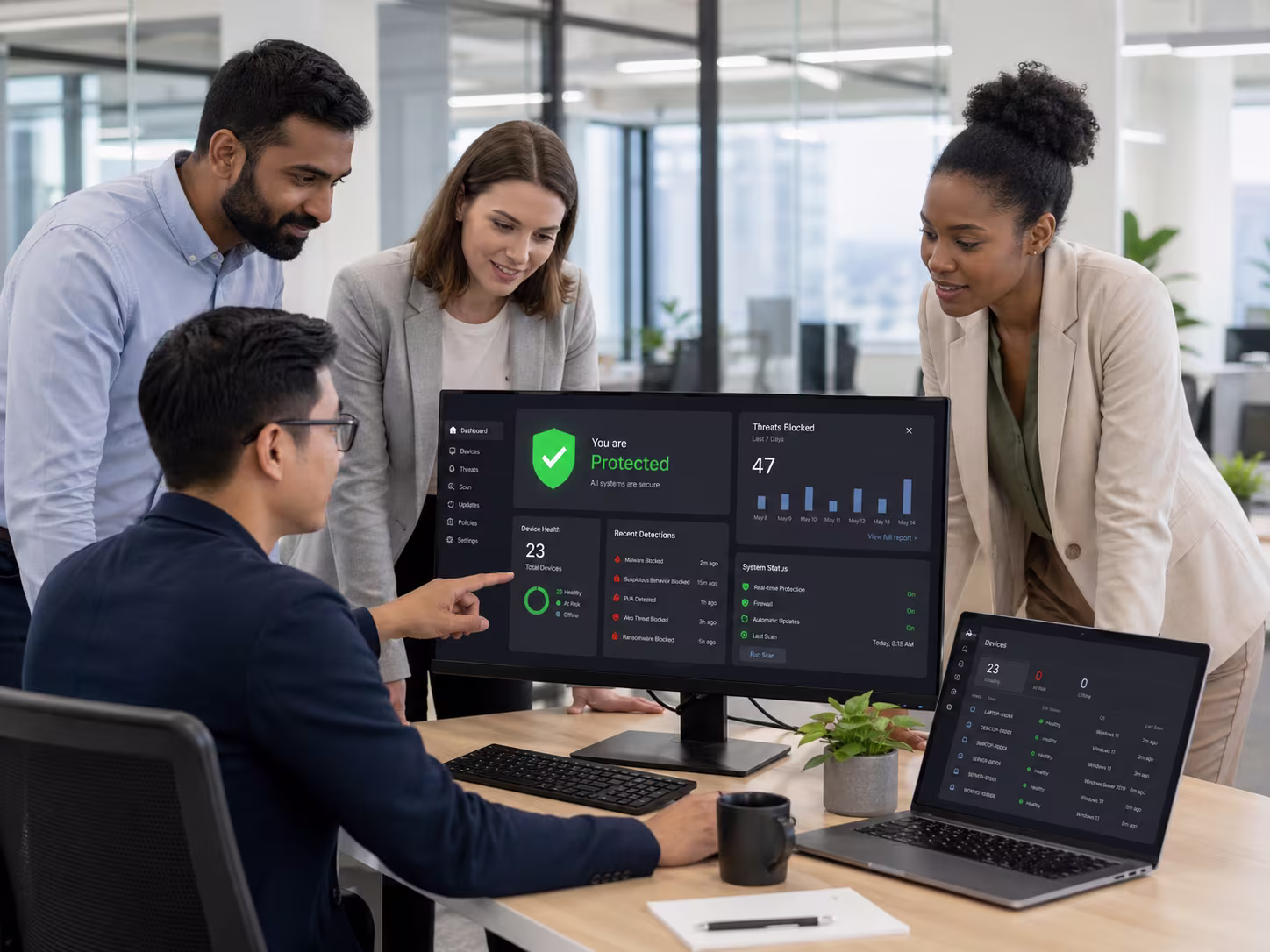 Diverse professionals using antivirus software