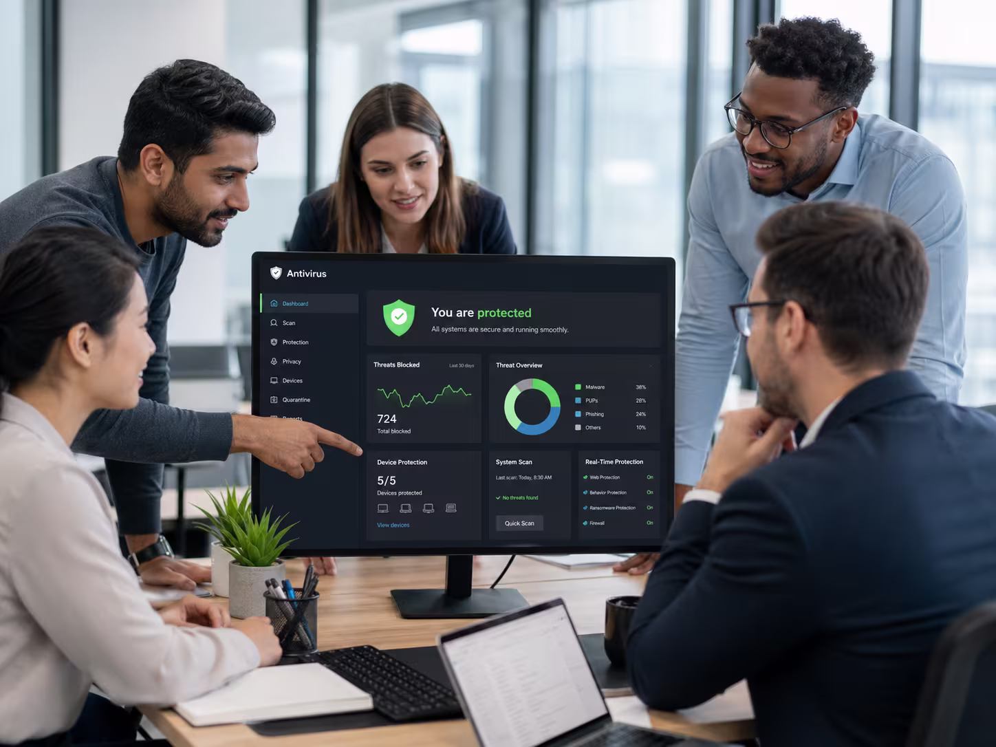 Diverse team discussing business antivirus software