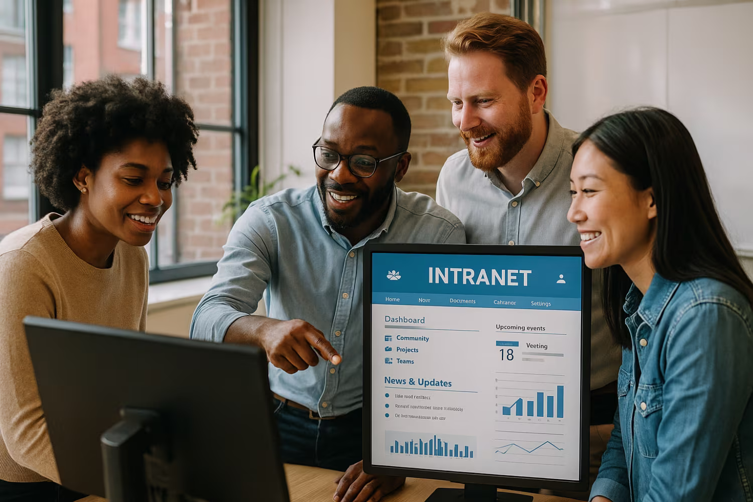 Diverse professionals reviewing intranet examples