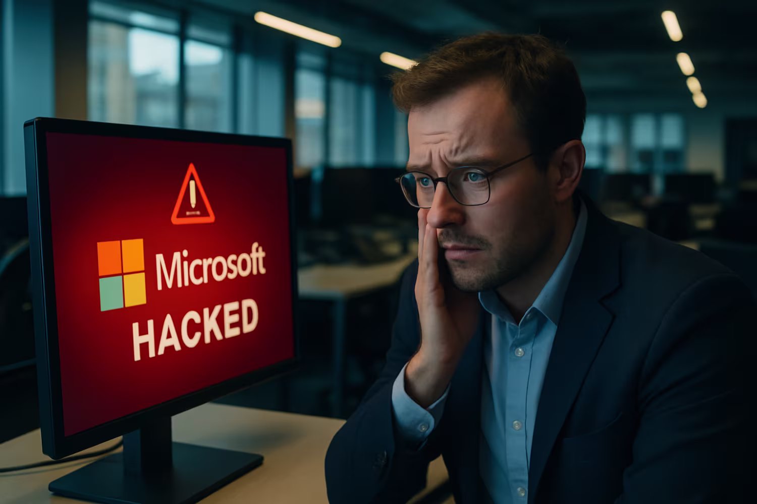 Concerned worker viewing Microsoft hacked alert