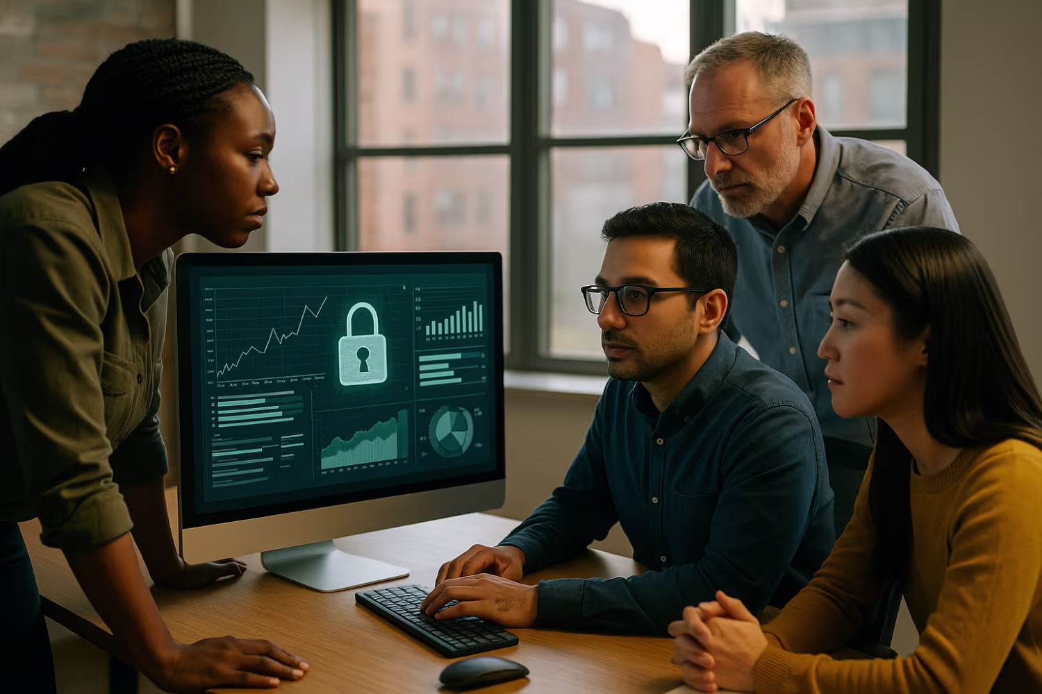 Diverse team analyzing cybersecurity graphs
