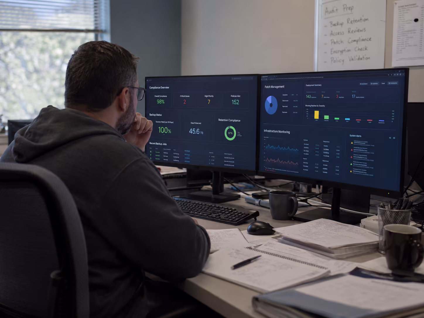 IT professional analyzing cybersecurity compliance charts