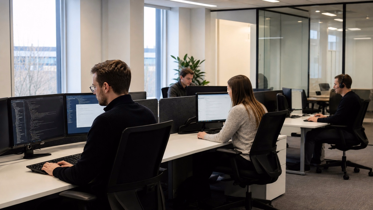 OPEN PLAN WIDE An IT professional  wide shot of three or four people at separ