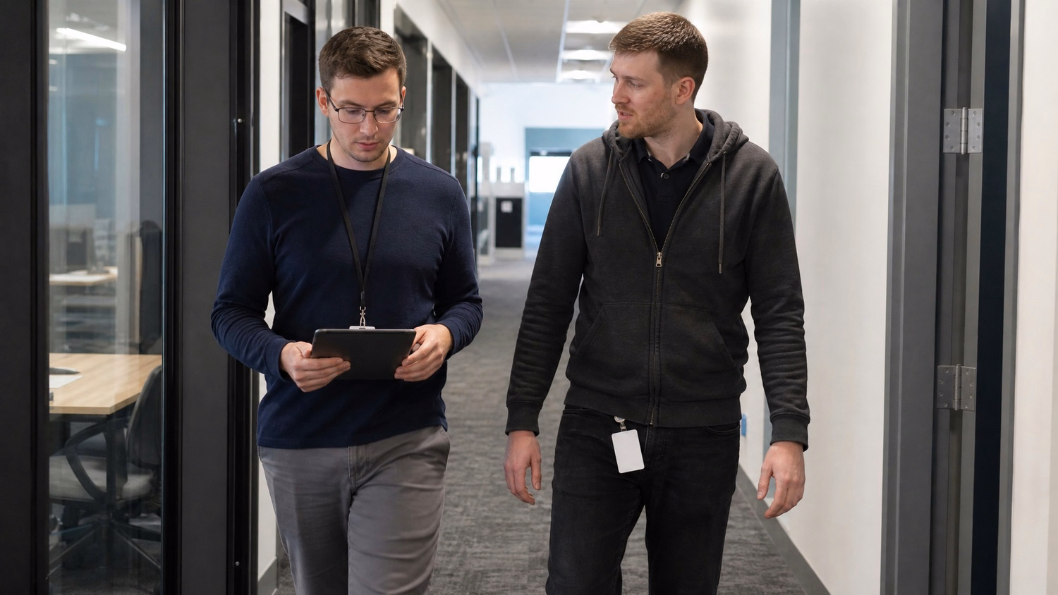 WALKING CORRIDOR An IT professional  one or two people walking mid-stride thr
