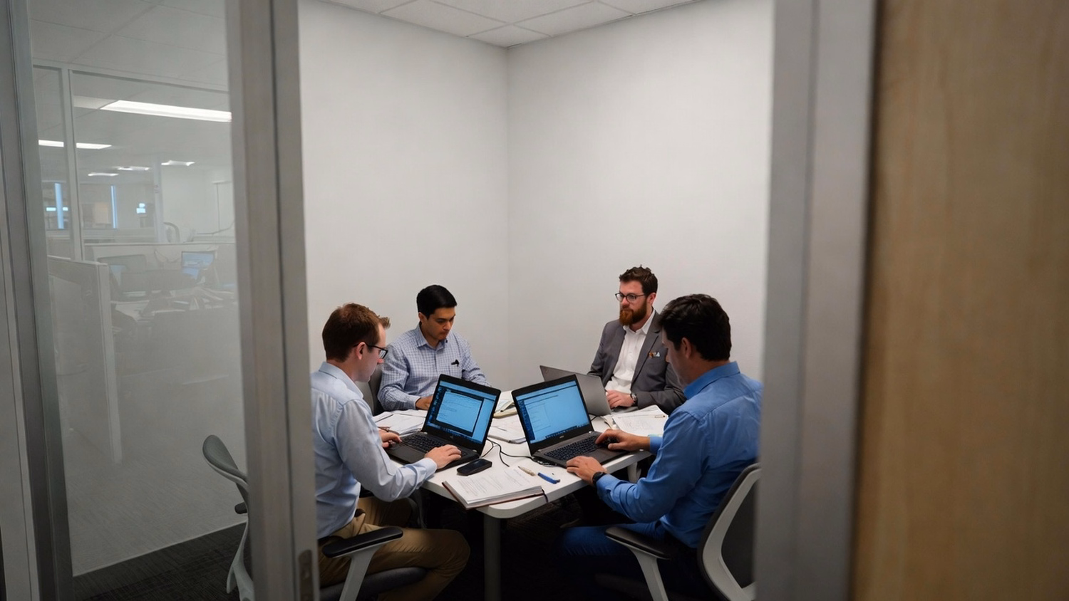 SMALL CONFERENCE ROOM An IT professional  three people seated around a small