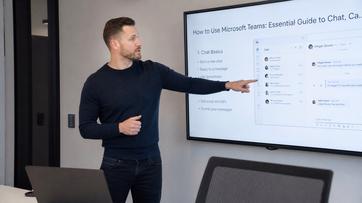 PRESENTATION SCREEN An IT professional one person standing beside a large wa