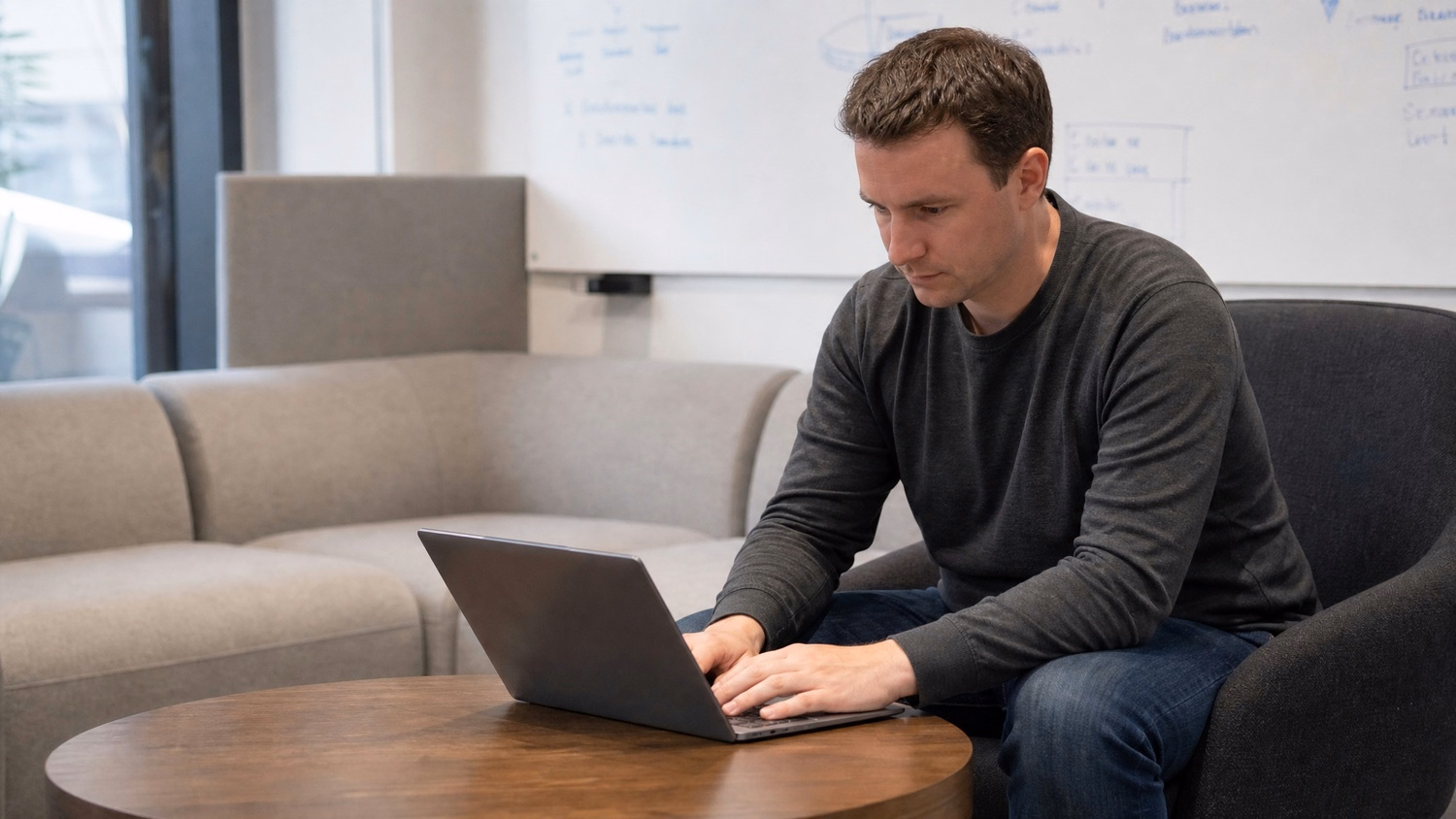 LOUNGE AREA LAPTOP An IT professional one person working on a laptop in a ca