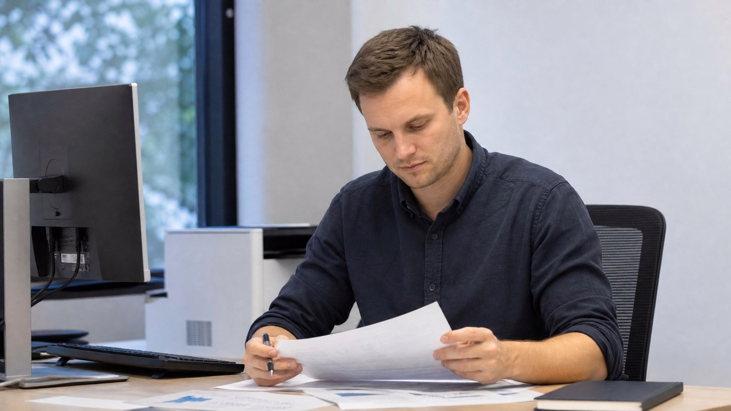 FOCUSED READING An IT professional one person seated at a desk reading print