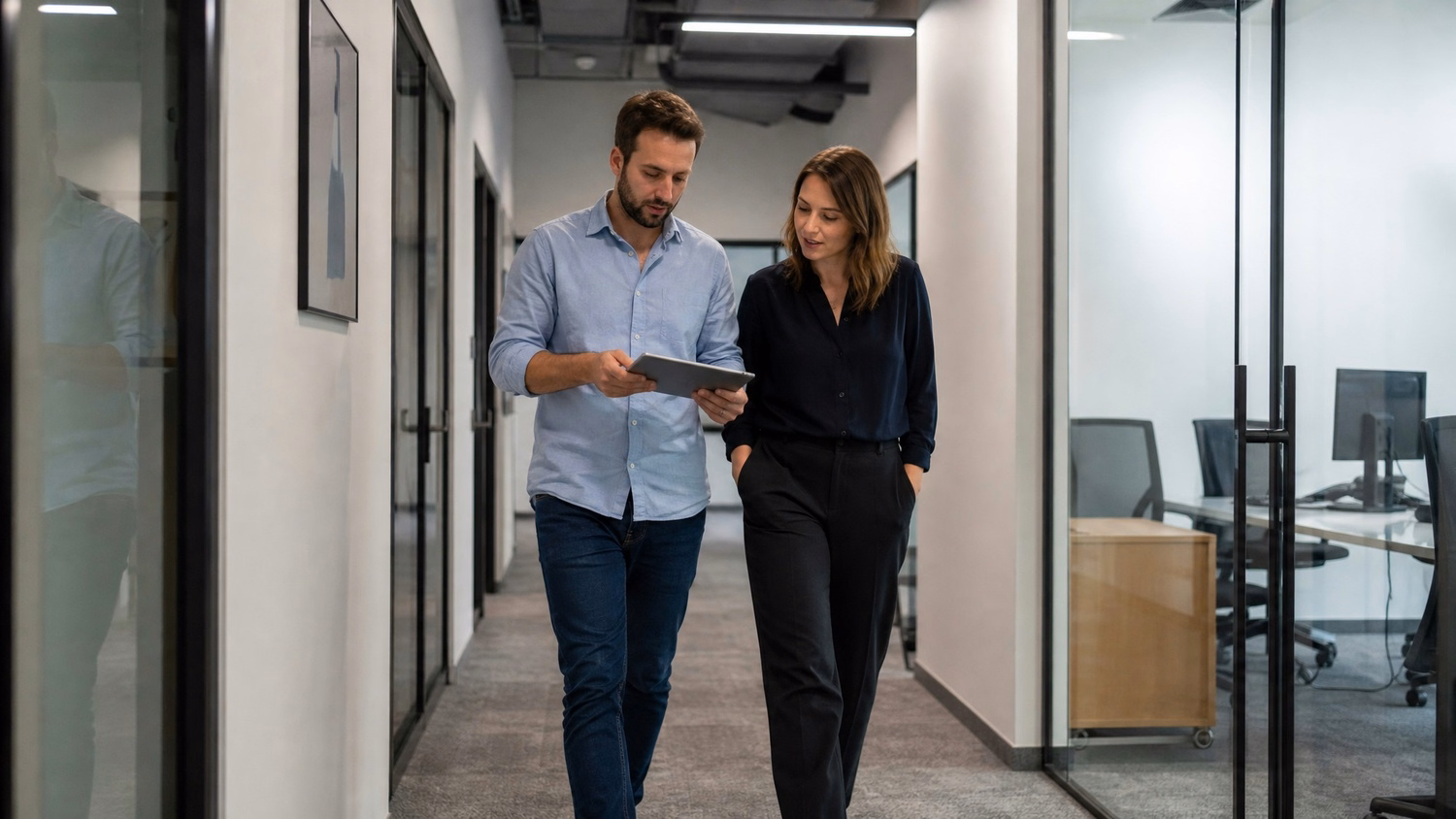 WALKING CORRIDOR An IT professional one or two people walking mid-stride thr
