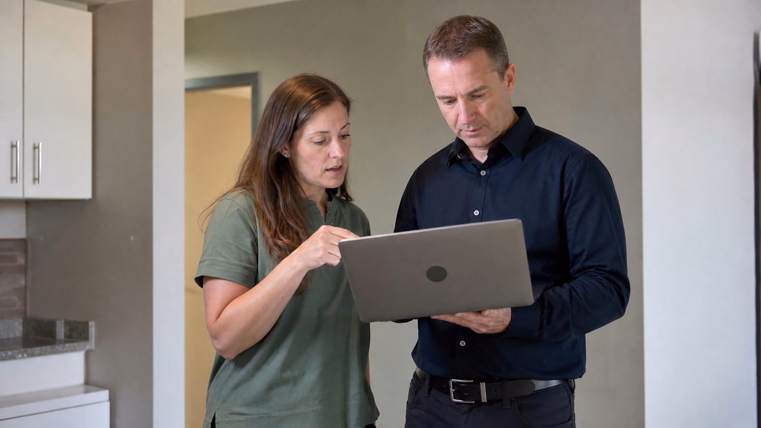 INFORMAL HUDDLE An IT professional two people standing and talking near a ki