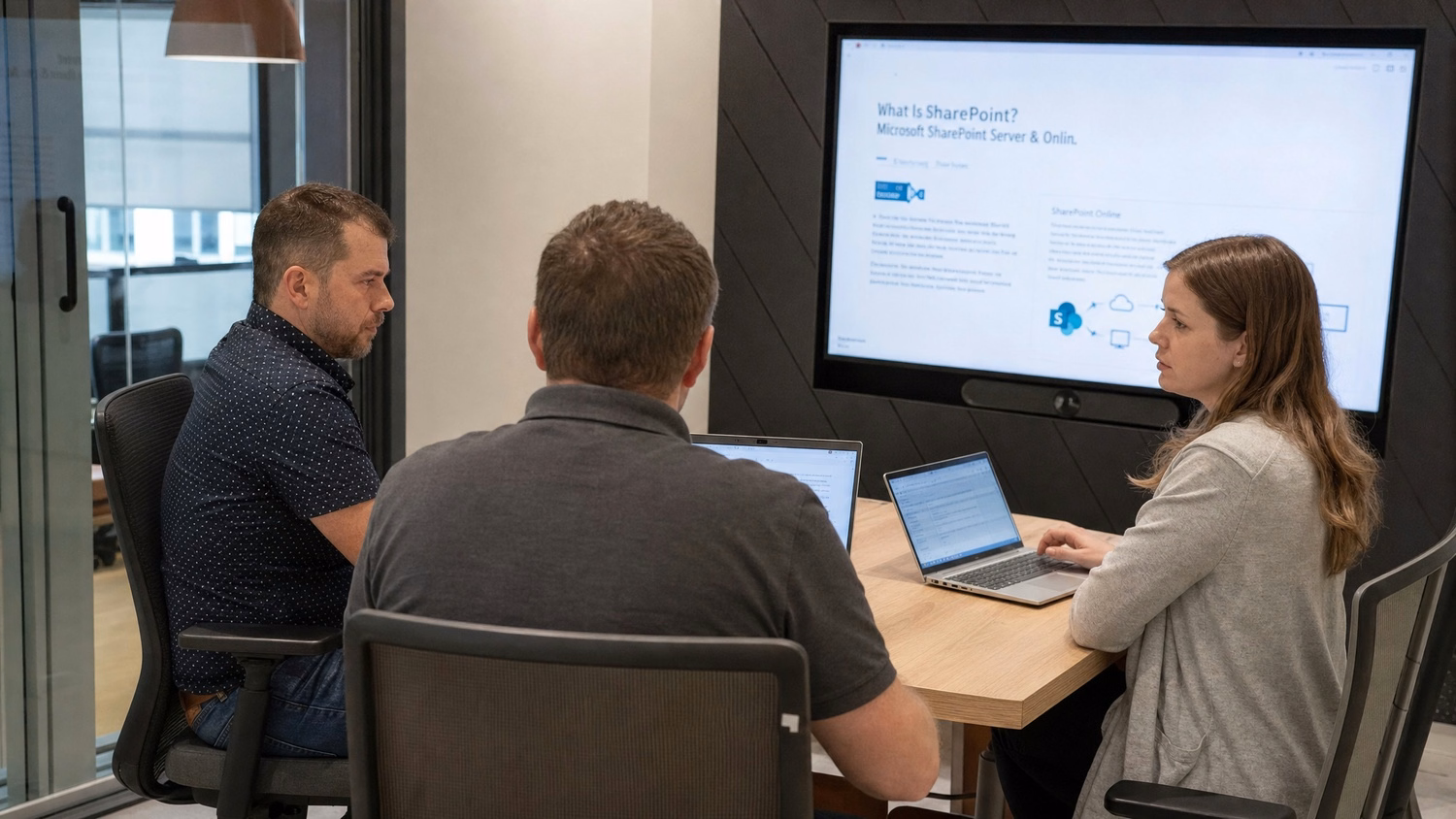 SMALL CONFERENCE ROOM An IT professional three people seated around a small