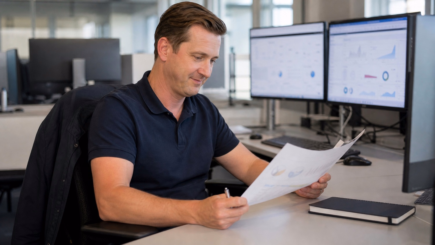 Man in polo shirt reviews report with pen at desk