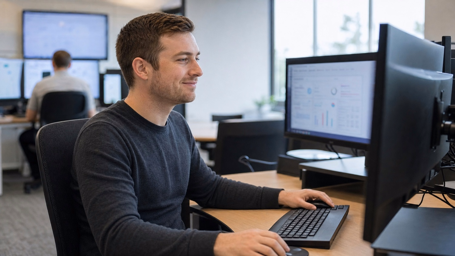 An IT professional focused on a task related to How to Use Microsoft Teams Esse