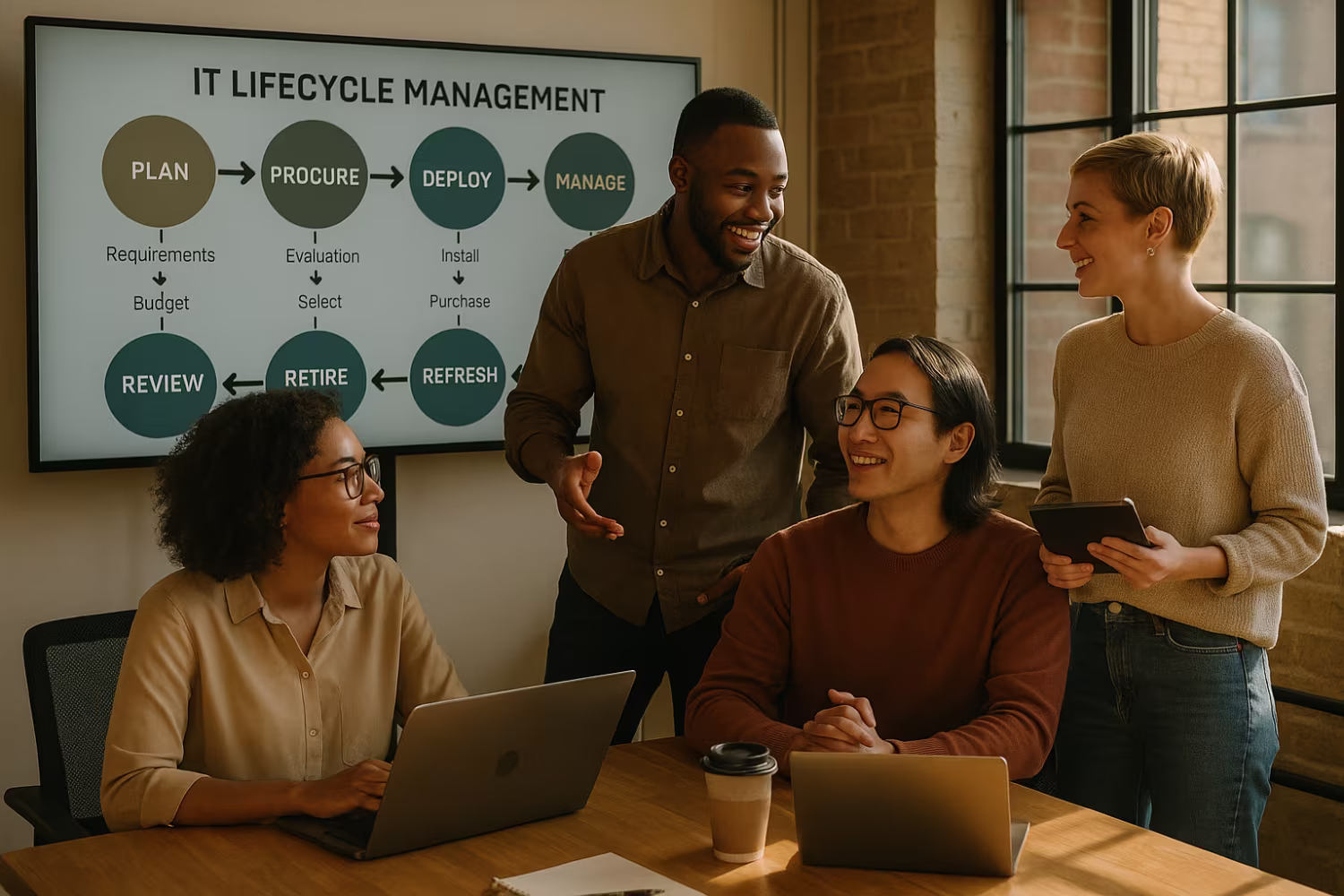 Diverse team discussing IT lifecycle management