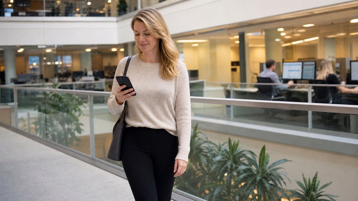 Woman checks mobile authenticator app on atrium walkway 61 chars