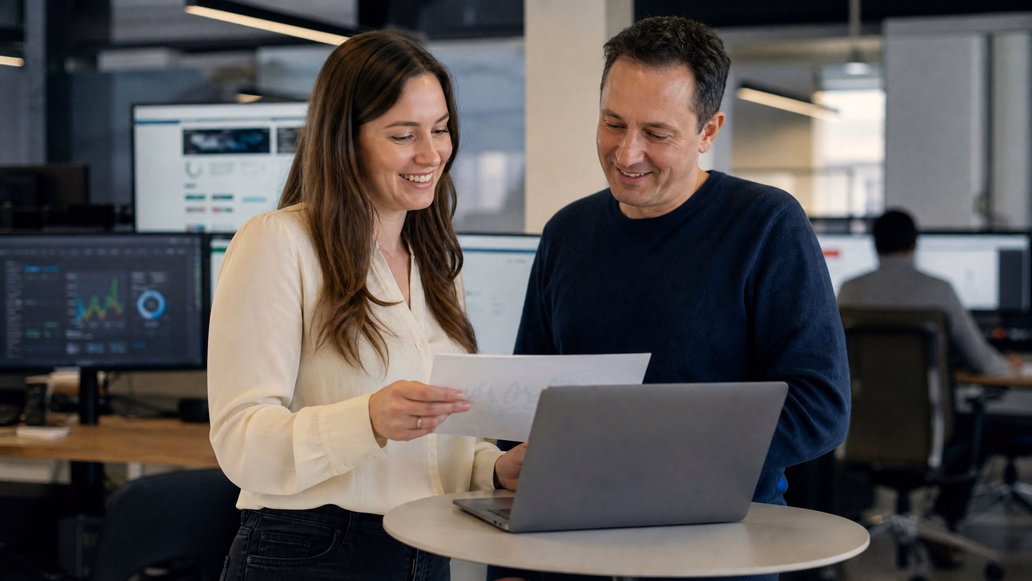 Colleagues reviewing laptop at standing table