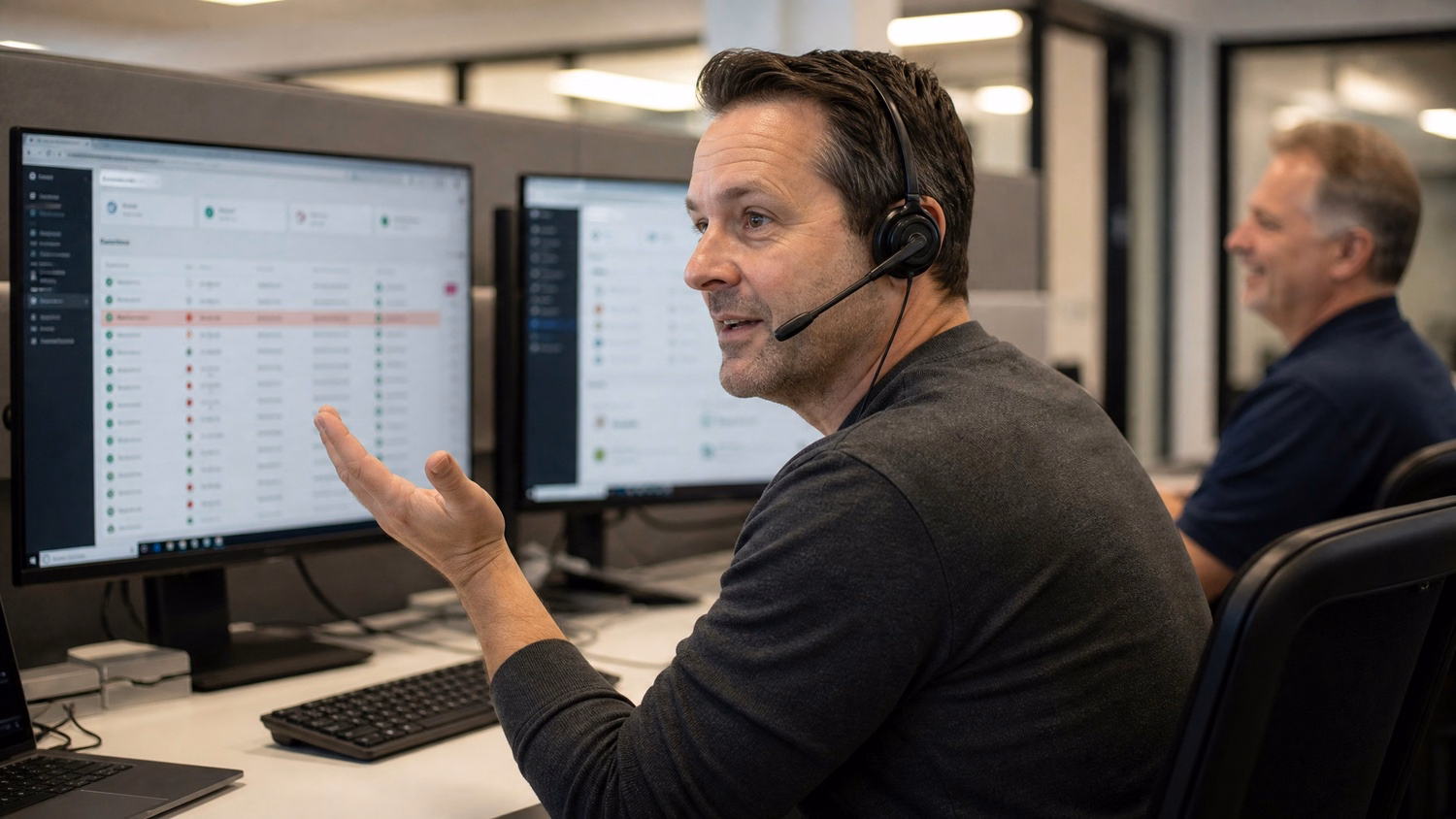 Support agent with headset at desk, gesturing mid-call