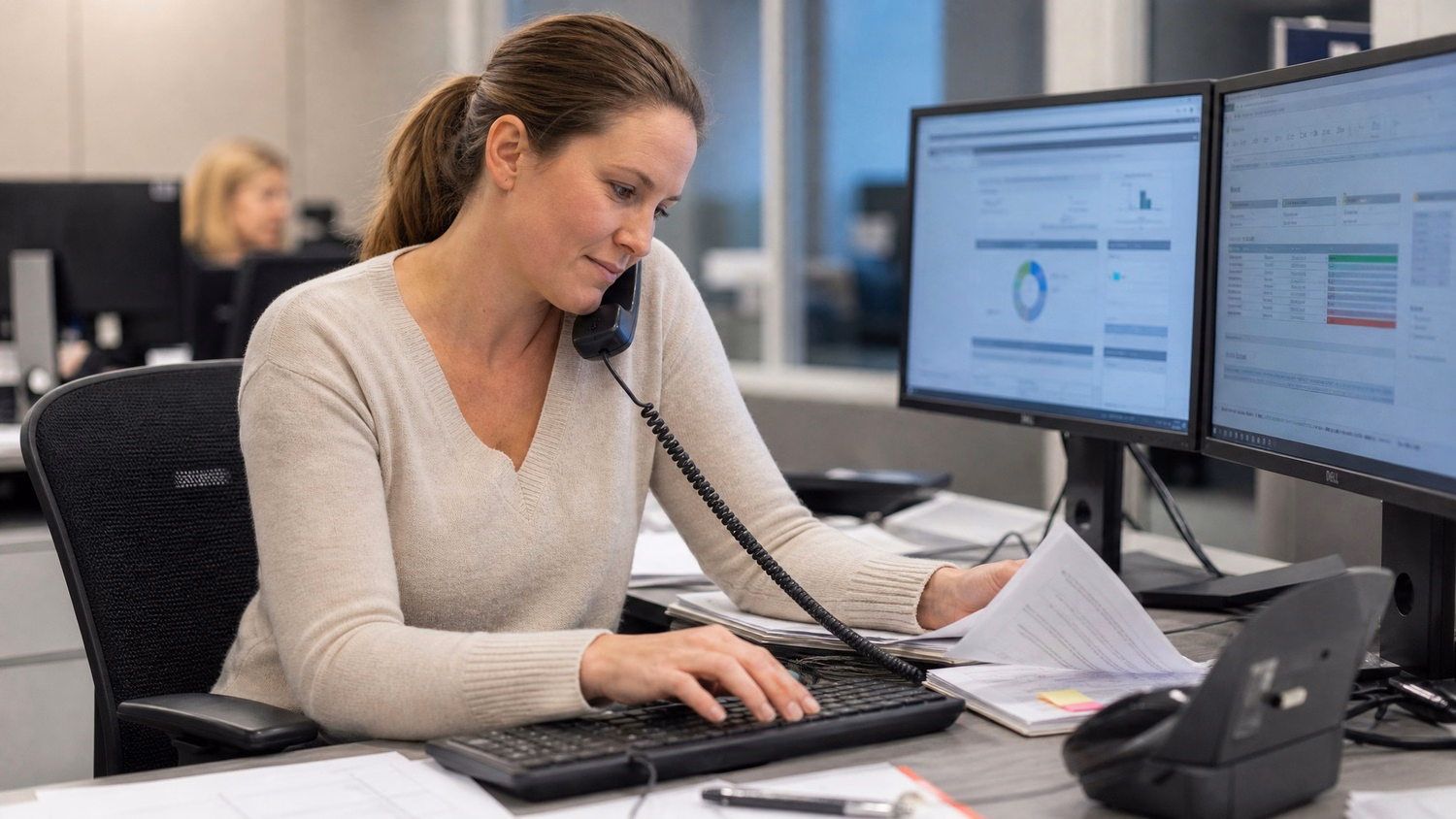 Woman on phone, typing at computer keyboard, desk papers visible 74 chars