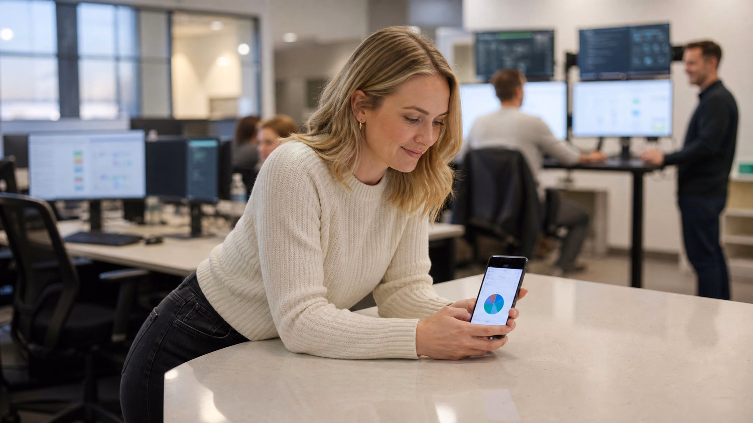 Woman reviews security compliance report on phone at counter 66 chars