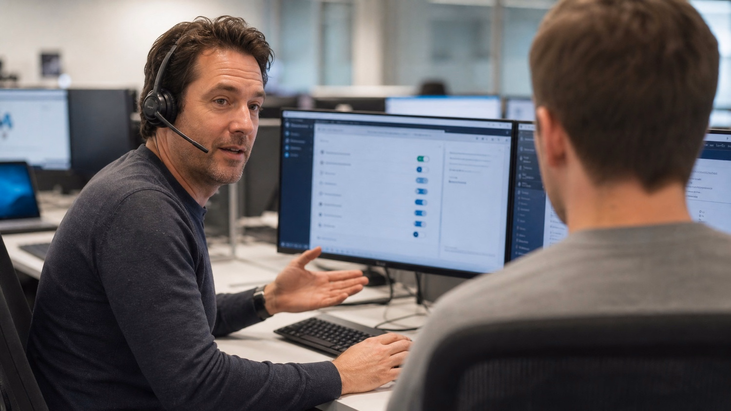 IT support agent explains MFA setup at desk