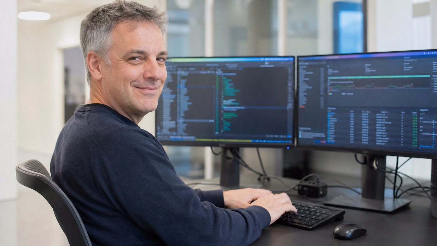Man typing code on dual monitors, system logs displayed 61 chars