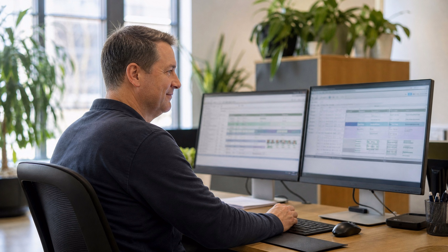 Woman reviewing laptop data report in quiet office pod 61 chars