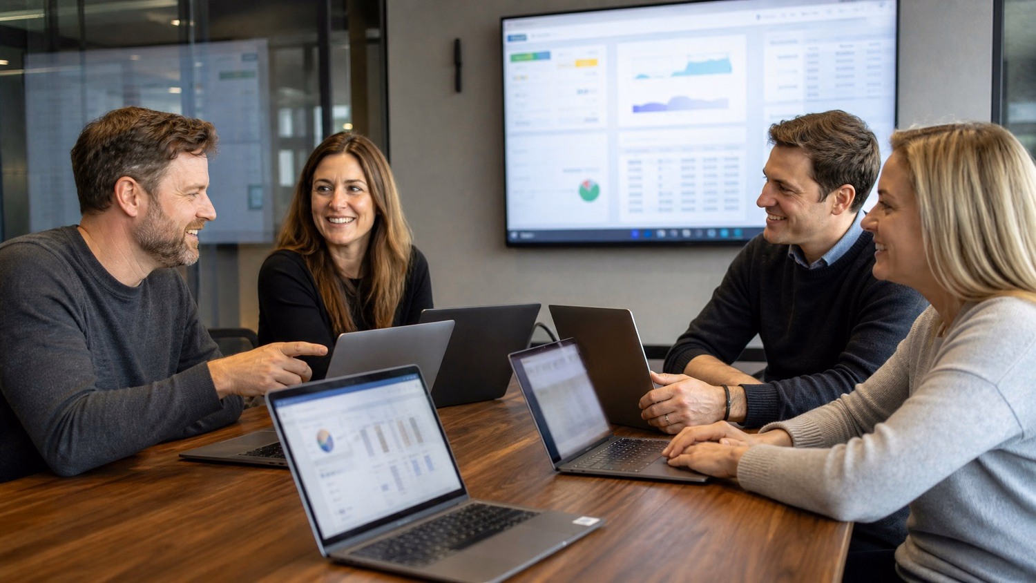Business team collaborating around table with laptops