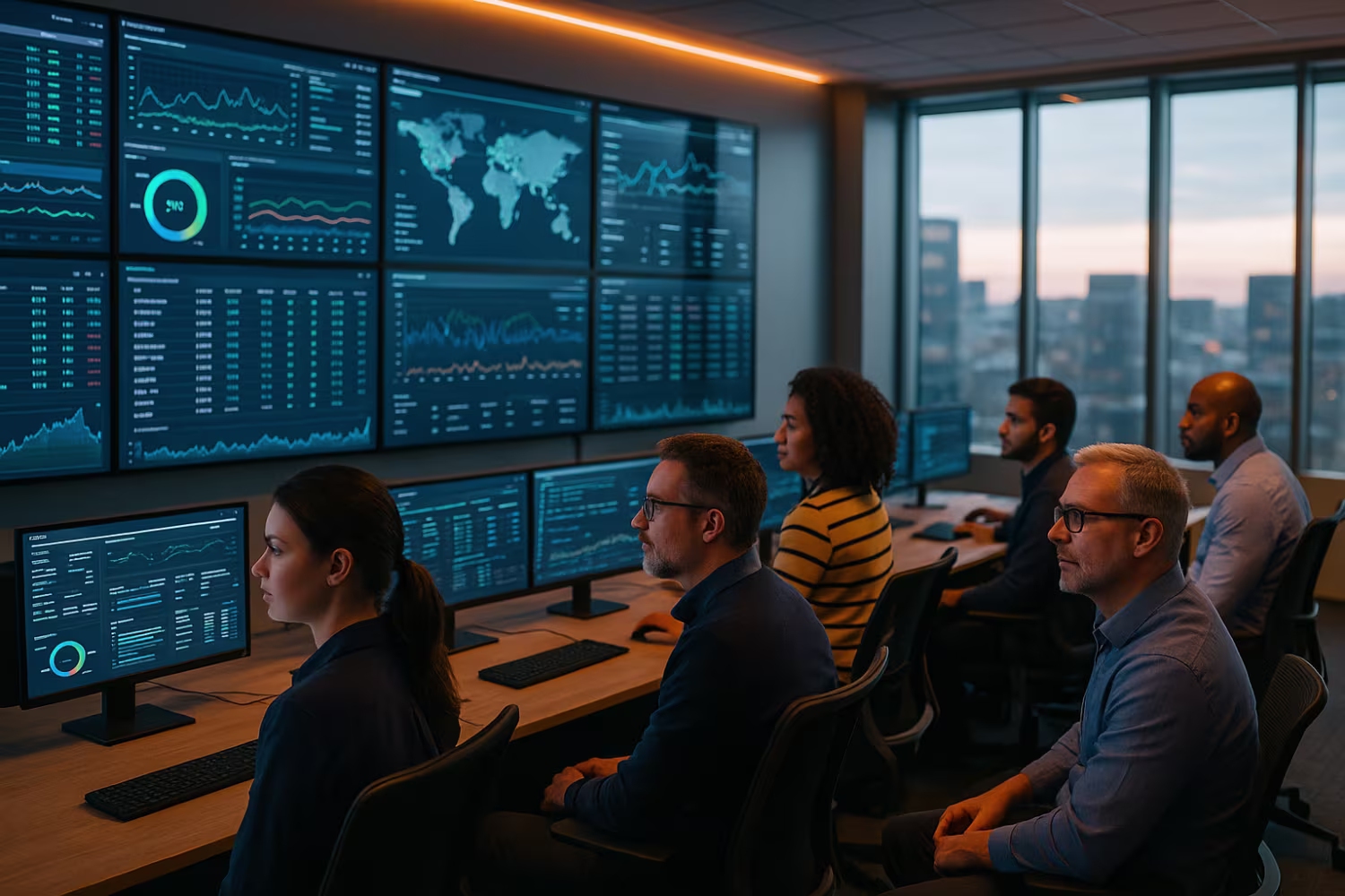 Diverse team using network monitoring tools