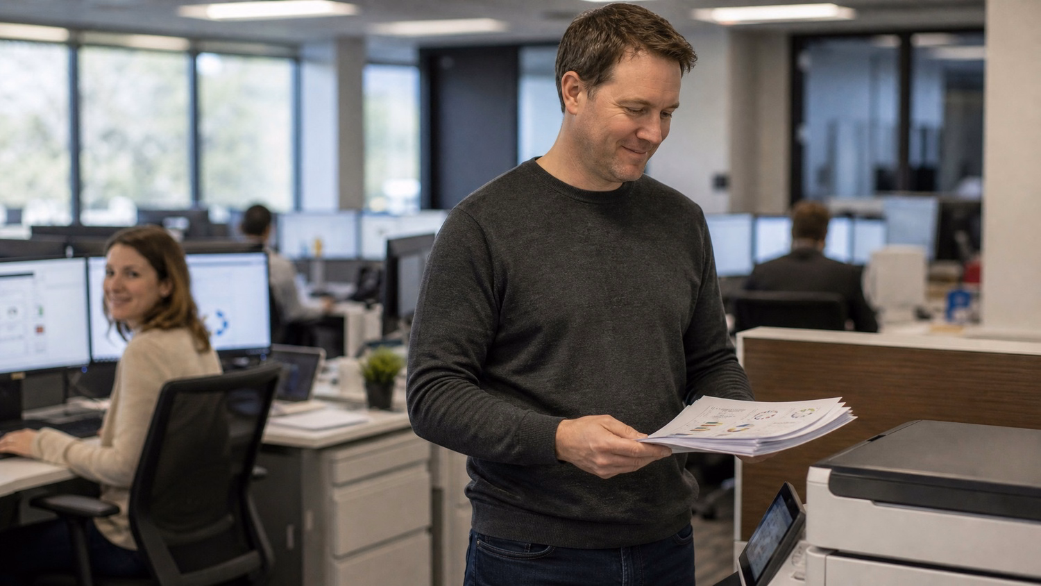 Man collecting cloud storage reports from office printer 66 chars