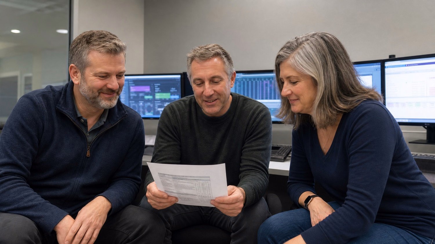 Employees review printed backup logs on huddle room bench
