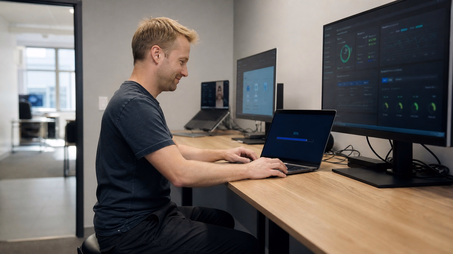 Man testing laptop restore, progress bar at 85