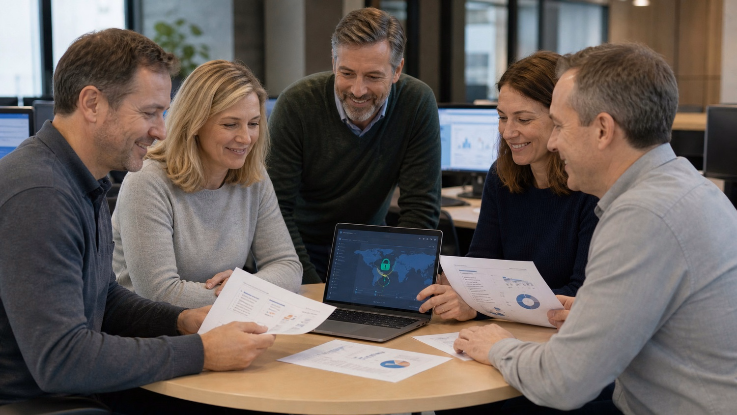 Employees discussing password strength reports at table 57