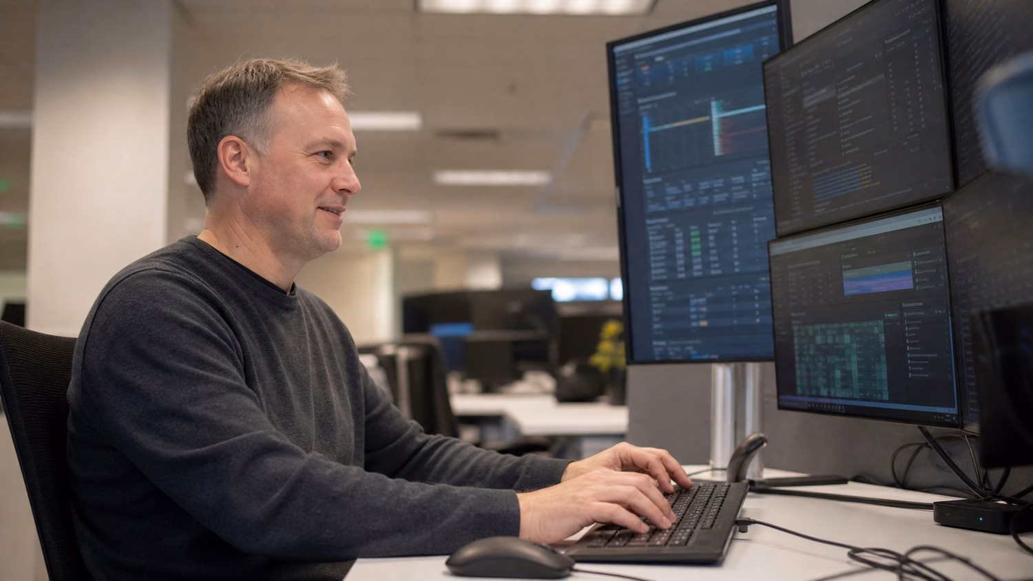 IT professional reviews access logs on monitor at desk