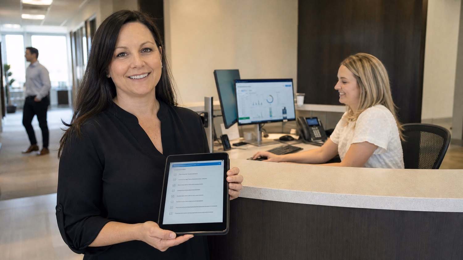 Receptionist with tablet reviews remote work security checklist