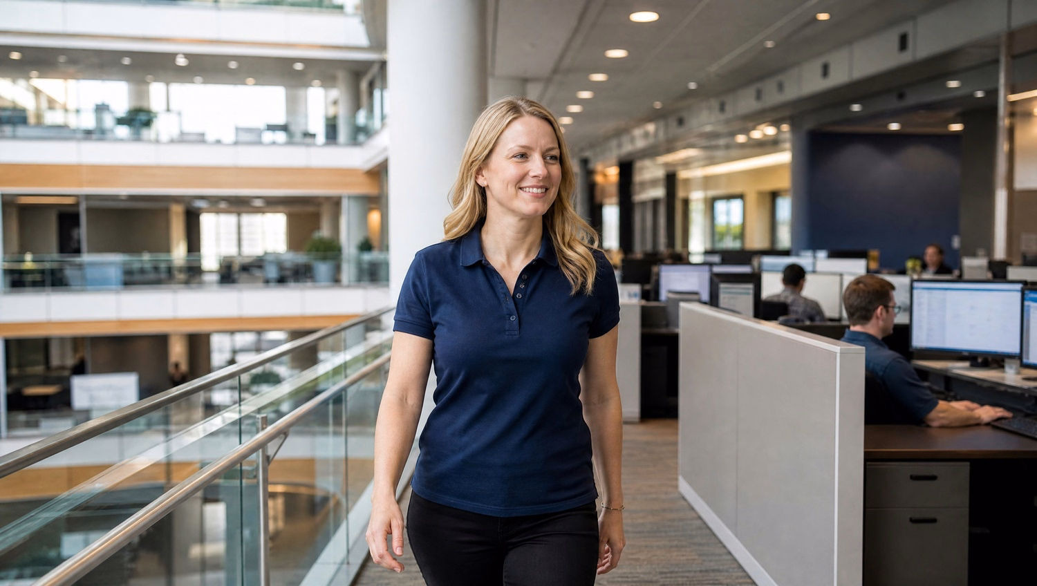 Woman walking across modern office atrium walkway
