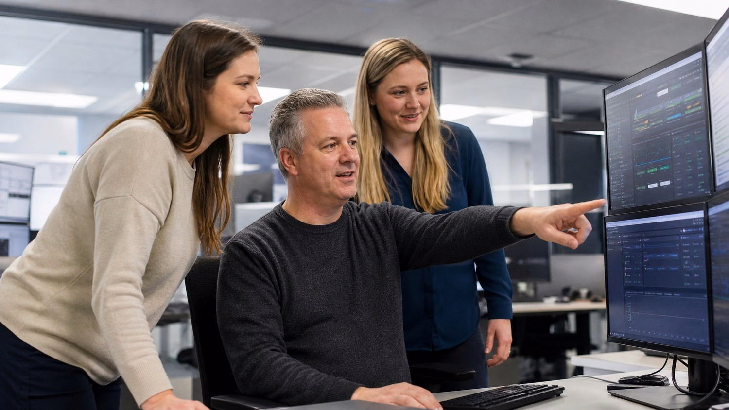 Colleagues at desk, pointing at screen during network monitoring