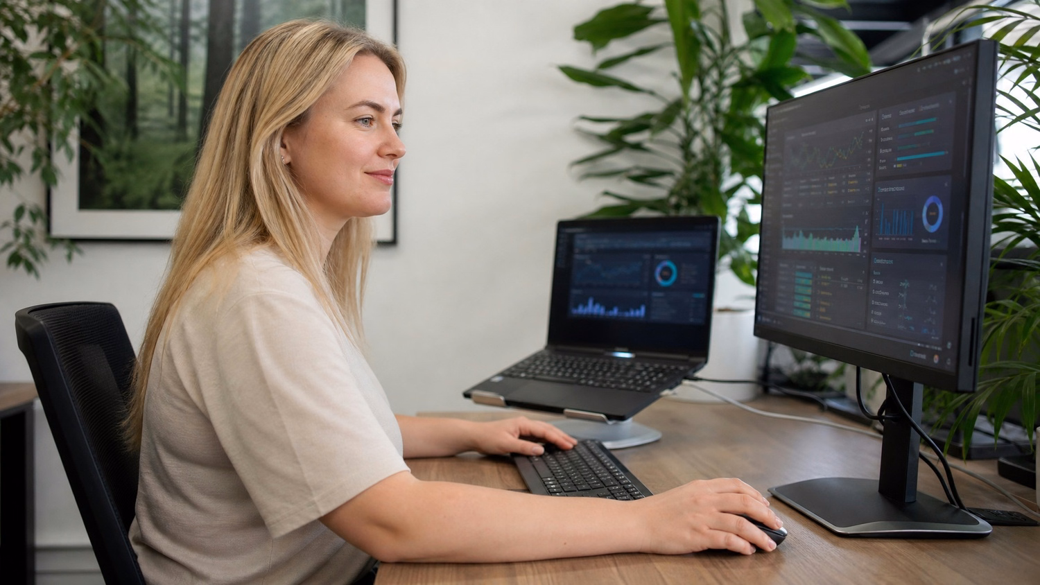 Woman analyzes network traffic dashboard near plants