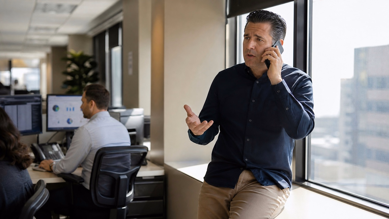 Man on phone by window, explaining issue 49 chars