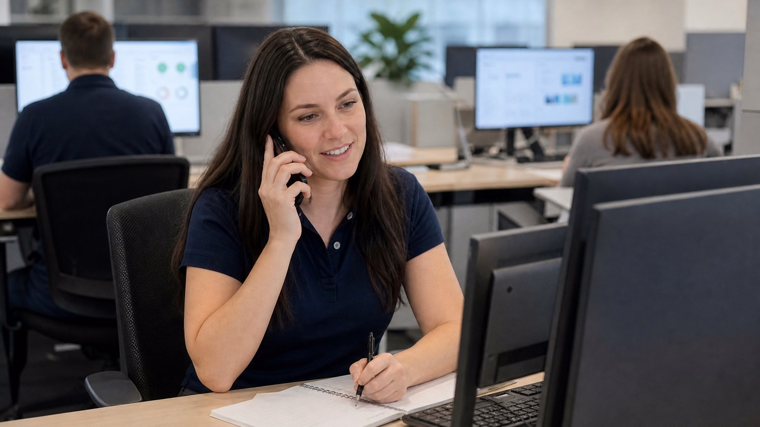 Woman on phone call with notepad at desk