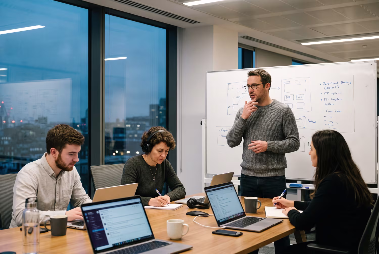 IT consultant discussing zero-trust security with team in office