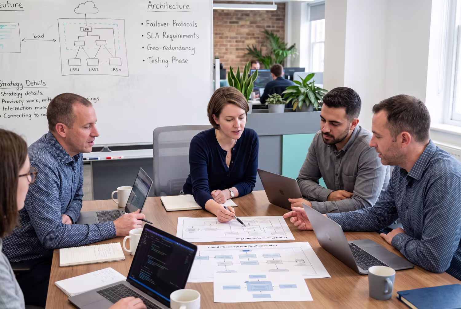 Group of IT specialists discussing cloud phone system UK in office