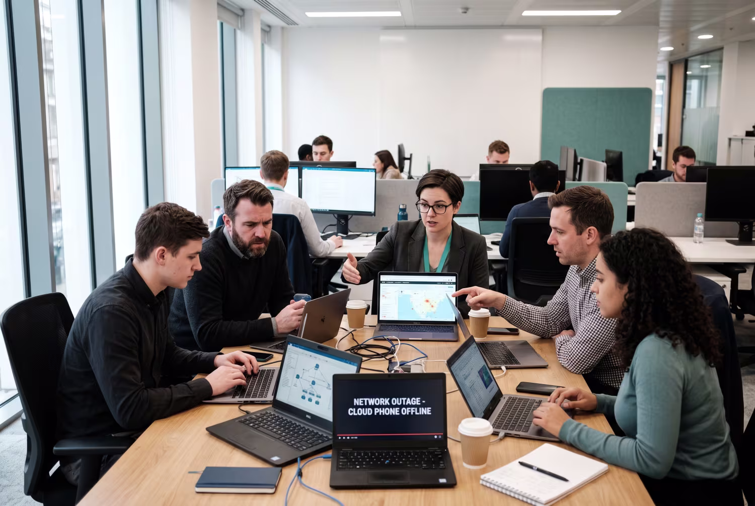 IT professionals troubleshooting cloud phone system UK in London office