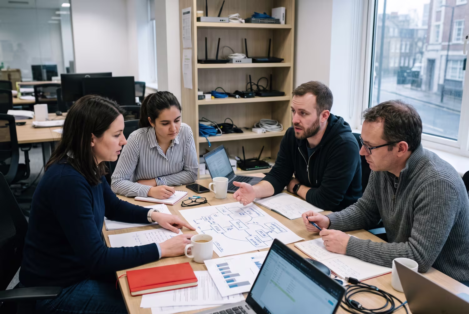 IT professionals discussing PSTN switch-off scenarios in London office
