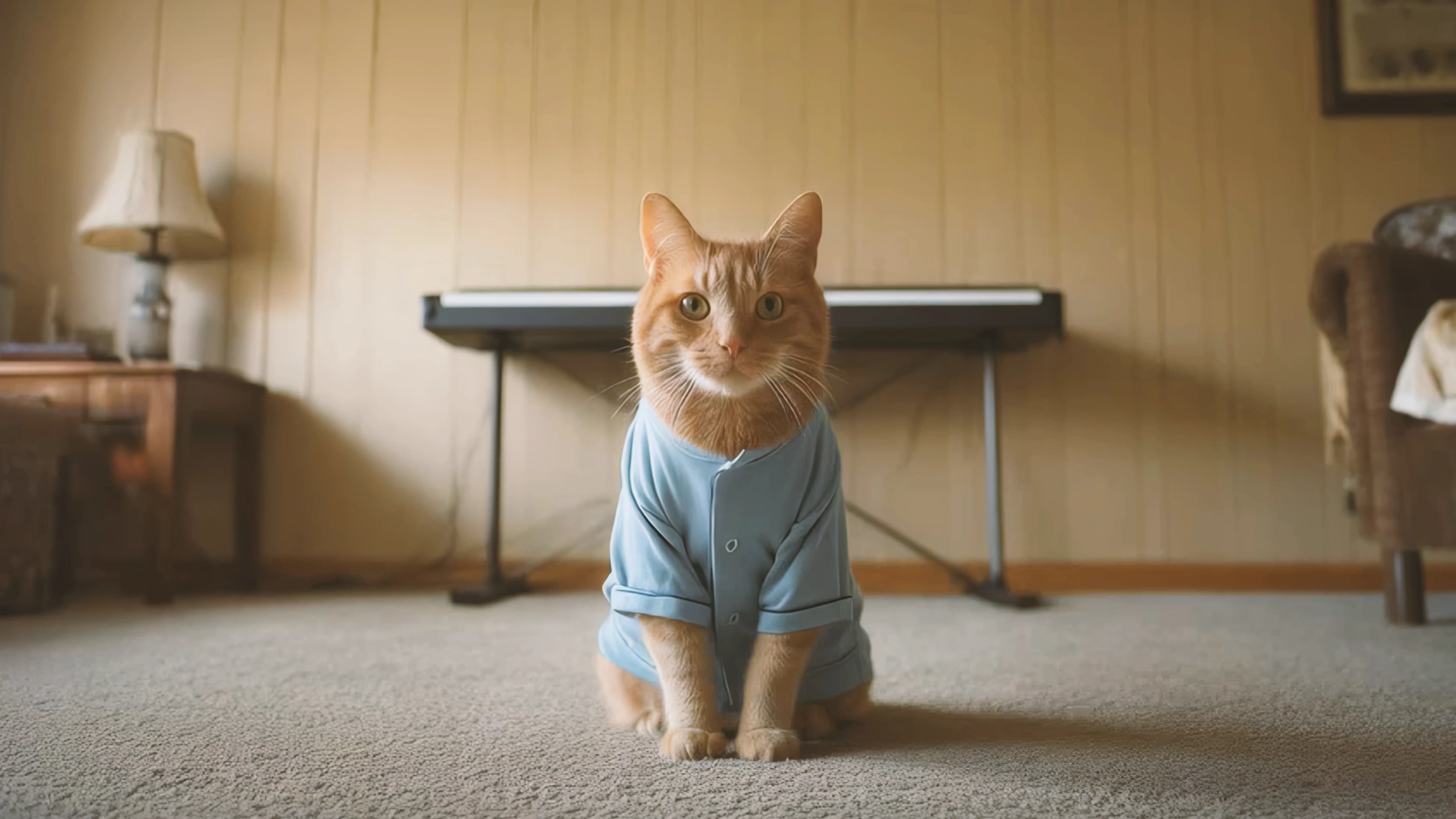 A cat wearing a blue shirt sitting on a carpet.