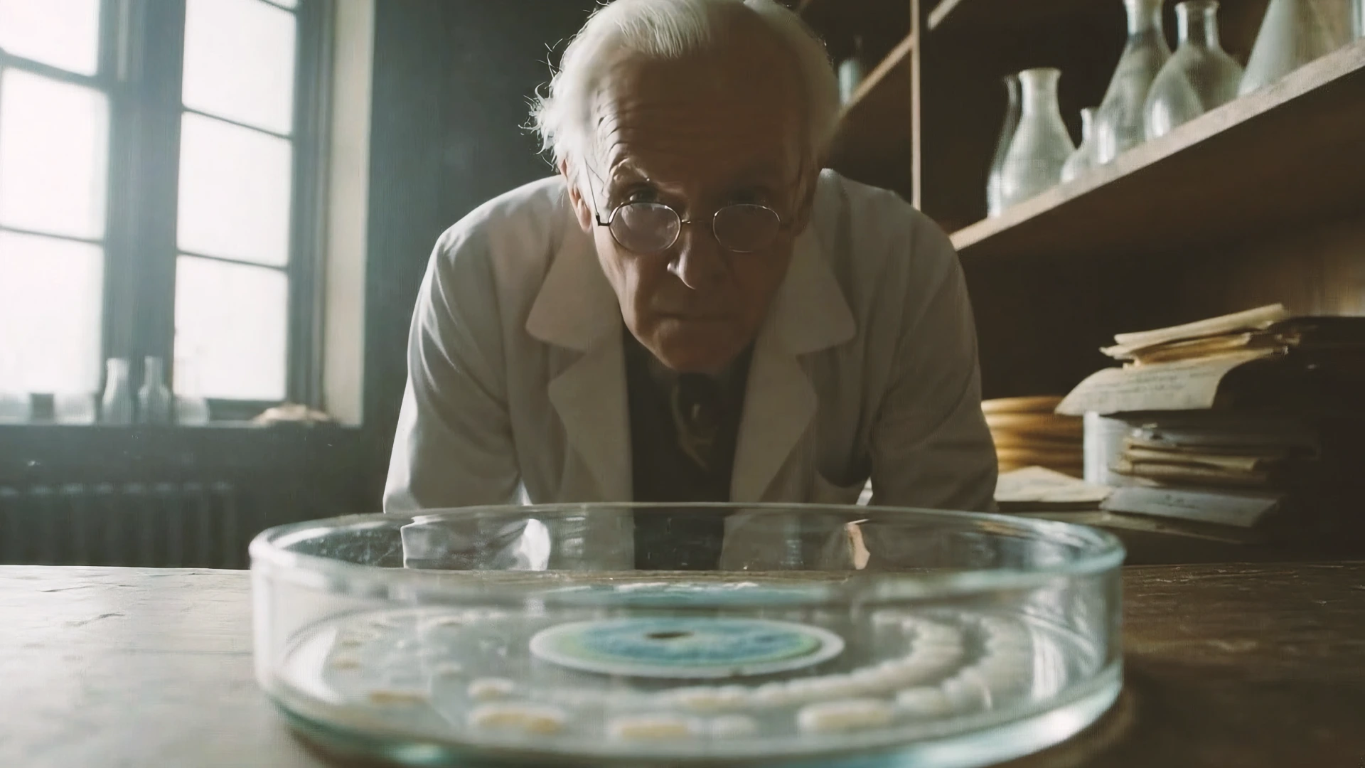 A man with glasses looking at a glass dish.