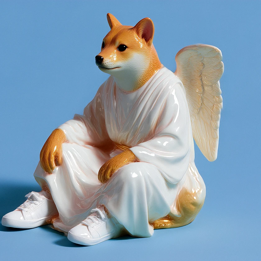 A figurine of a white dog figurine with a white robe and wings.