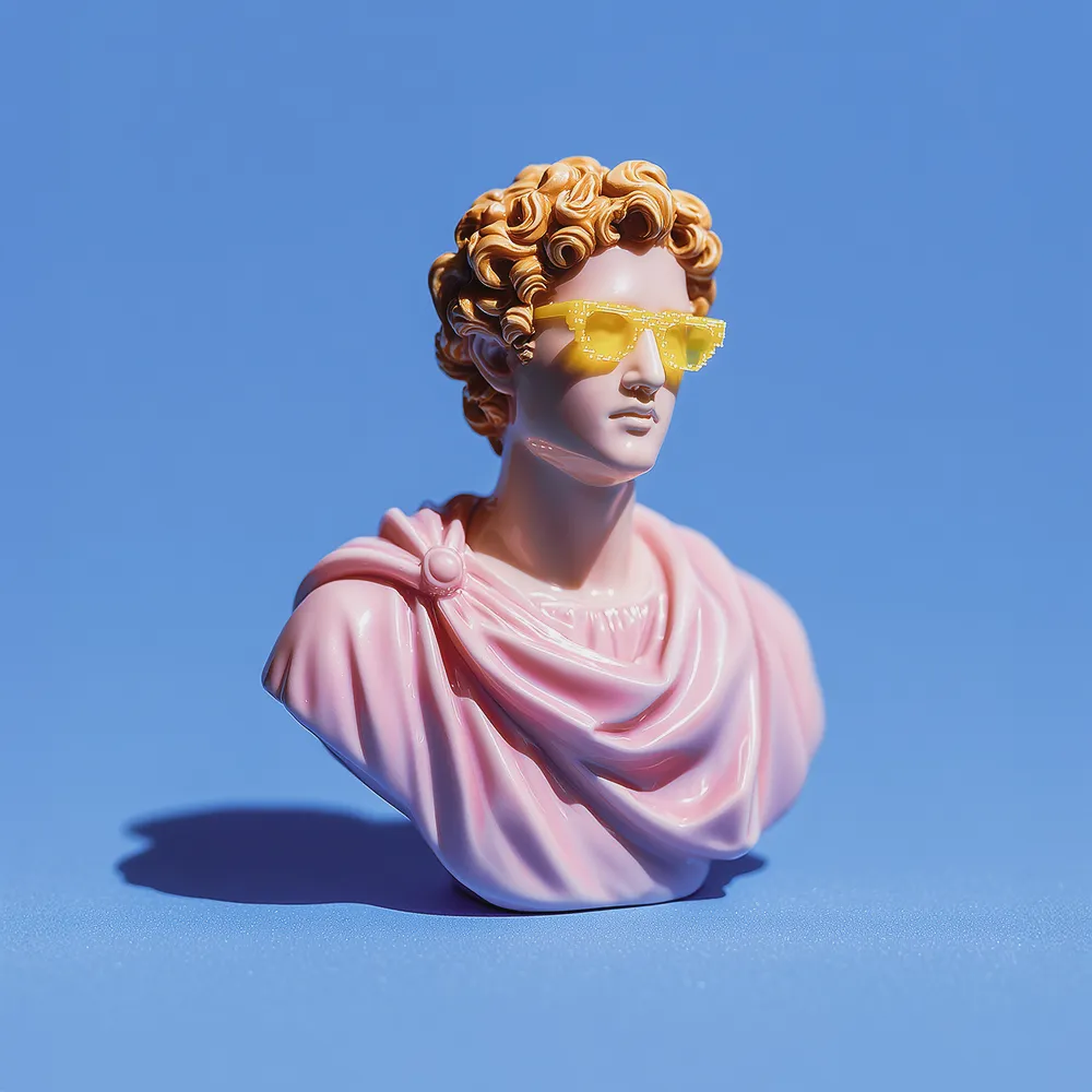 A pink statue with a man wearing sunglasses.