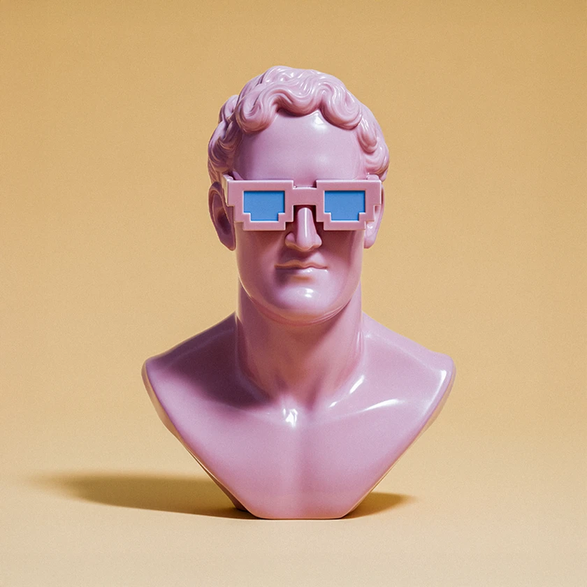 A pink statue with a man wearing sunglasses.