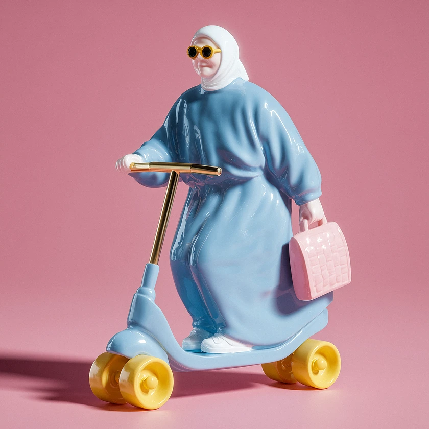 A figurine of a woman in a blue dress riding a toy scooter.
