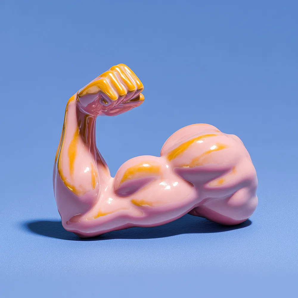 A white statue of a man with a bicep.